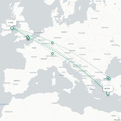 Mapa lotu bezpośredniego Dalaman – Dublin