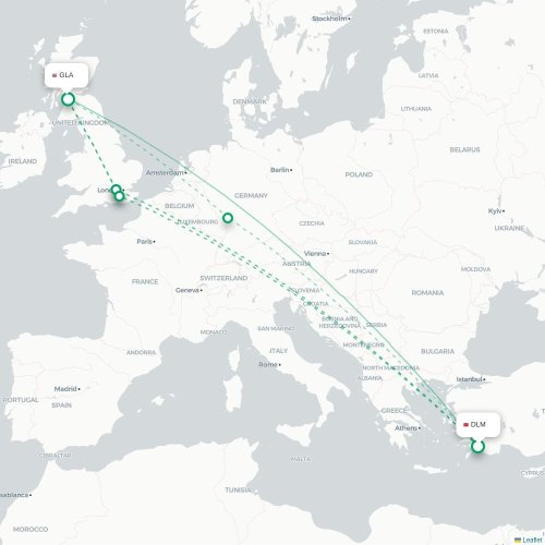 Mapa de vuelo directo Dalaman - Glasgow