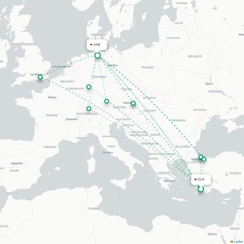 Mapa de vuelo directo Dalaman - Hamburgo