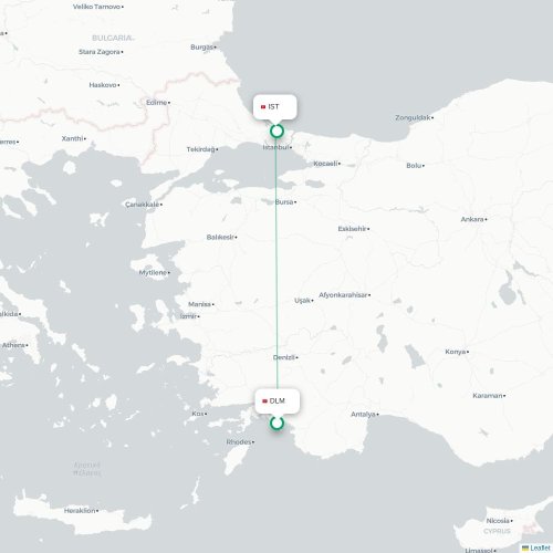 Mapa de vuelo directo Dalaman - Estambul