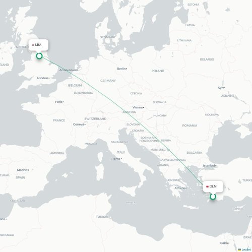Mapa de vuelo directo Dalaman - Leeds, Condado de Yorkshire del Oeste