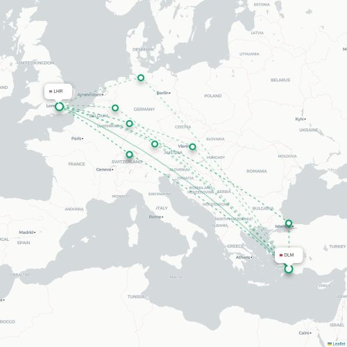 Mapa de vuelo directo Dalaman - Londres