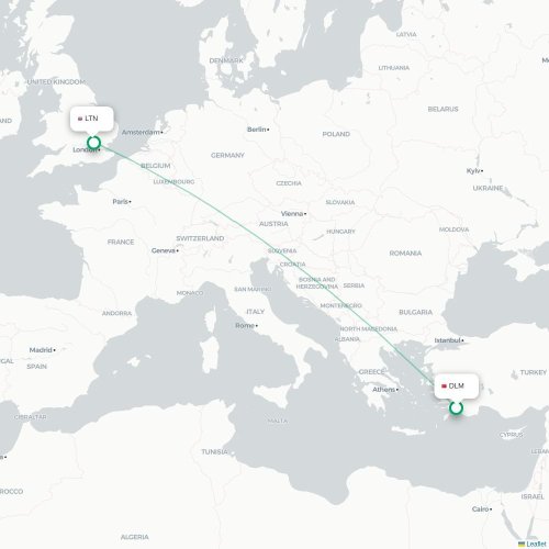 Mapa de vuelo directo Dalaman - Londres