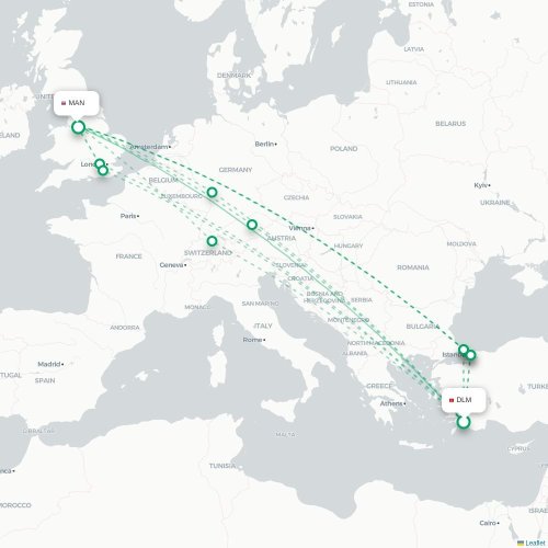 Mapa de vuelo directo Dalaman - Mánchester