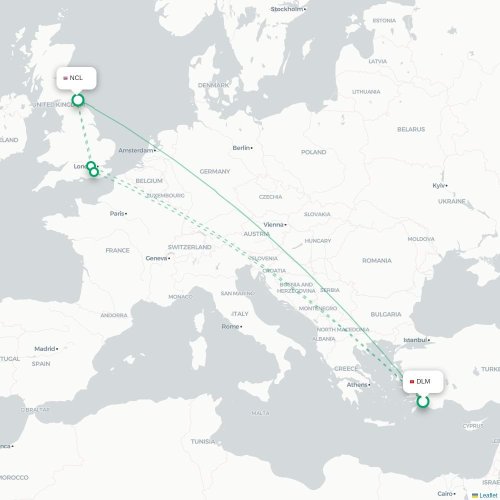 Mapa de vuelo directo Dalaman - Newcastle-upon-Tyne