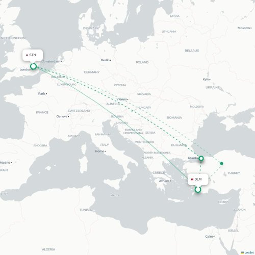 Mapa de vuelo directo Dalaman - Londres
