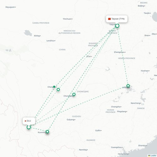 Mapa lotu bezpośredniego Dali – Taiyuan