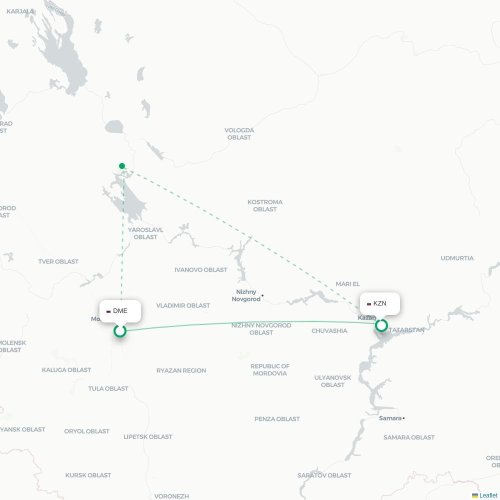 Mapa de vuelo directo Moscú - Kazán