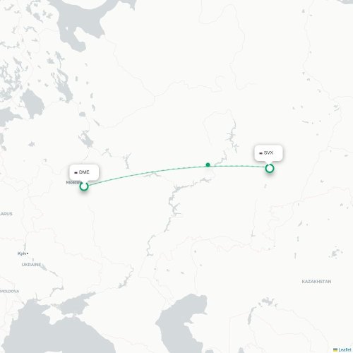 Mapa de vuelo directo Moscú - Ekaterinburgo