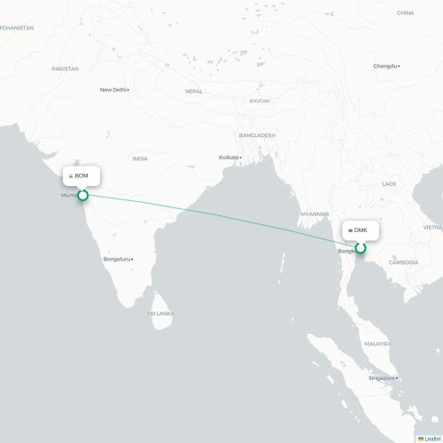 Bangkok – Mumbai suoran lennon kartta