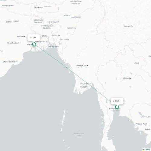 Bangkok – Kalkutta suoran lennon kartta