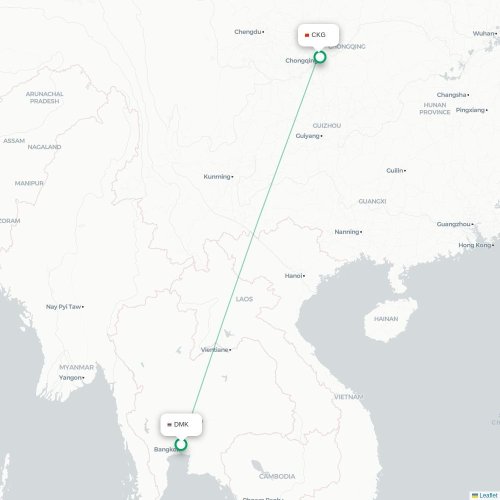 Mapa lotu bezpośredniego Bangkok – Chongqing