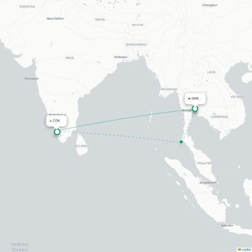 Bangkok – Kochi suoran lennon kartta
