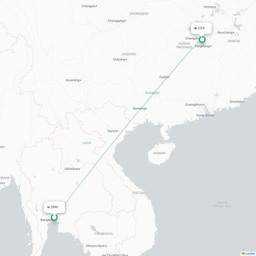 Mapa lotu bezpośredniego Bangkok – Changsha