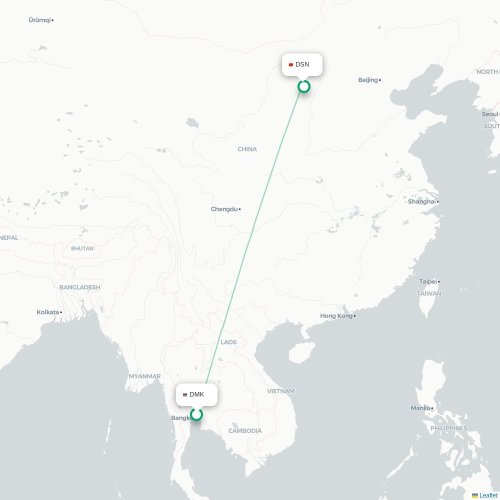 Mapa lotu bezpośredniego Bangkok – Ordos City