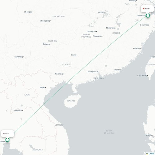 Mapa lotu bezpośredniego Bangkok – Hangzhou