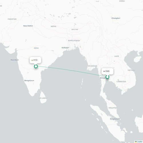 Mapa lotu bezpośredniego Bangkok – Hyderabad
