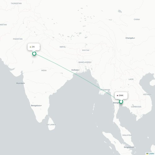 Mapa lotu bezpośredniego Bangkok – Dżajpur