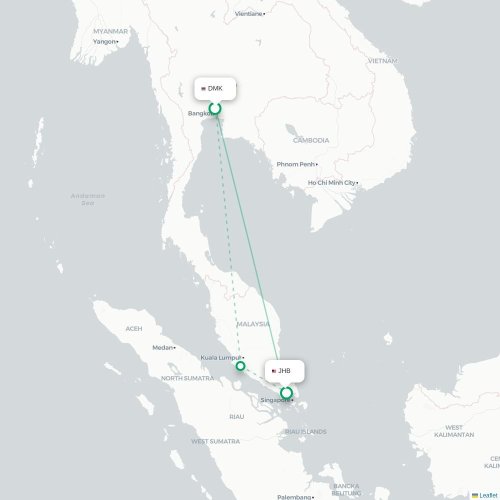 Mapa de vuelo directo Bangkok - Johor Bahru