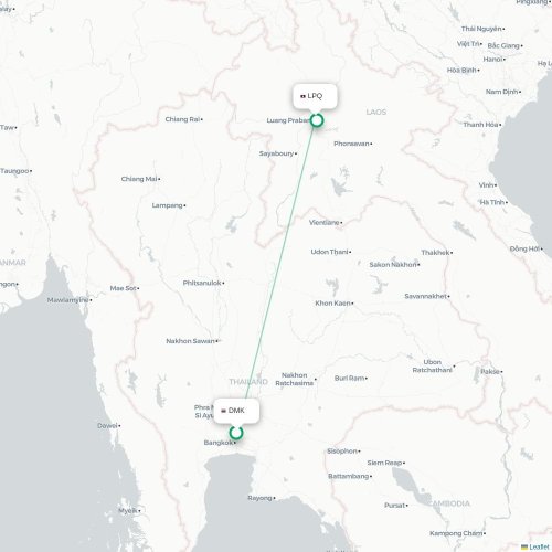 Mapa lotu bezpośredniego Bangkok – Luang Prabang
