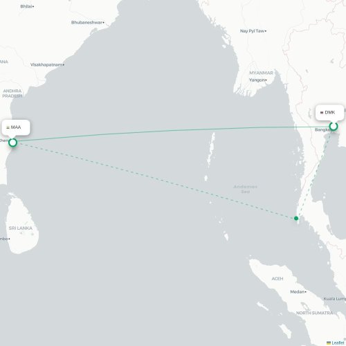 Bangkok – Chennai suoran lennon kartta