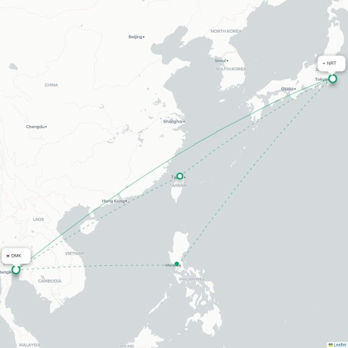 Mapa lotu bezpośredniego Bangkok – Tokio