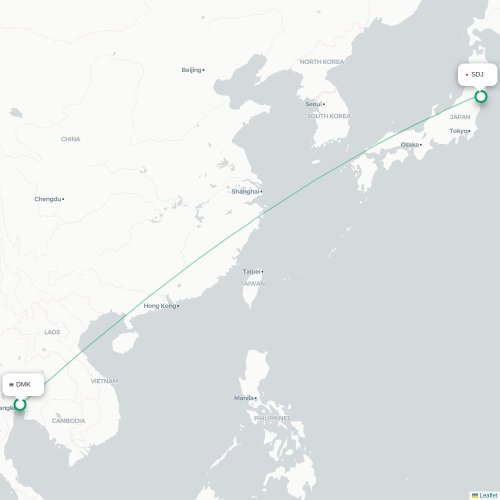 Mapa lotu bezpośredniego Bangkok – Sendai