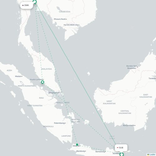 Mapa lotu bezpośredniego Bangkok – Surabaja