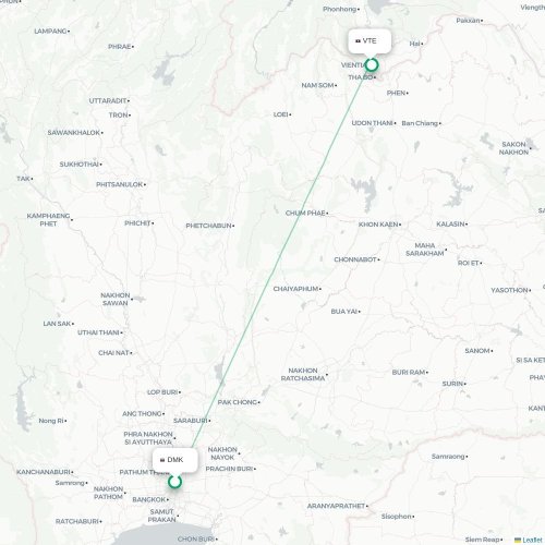 Mapa lotu bezpośredniego Bangkok – Wientian