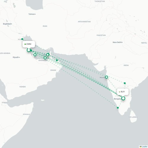 Mapa de vuelo directo Dammam - Bangalore
