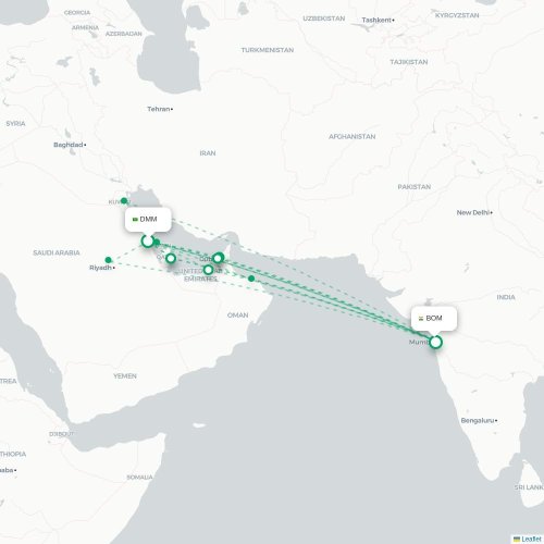 Mapa de vuelo directo Dammam - Bombay
