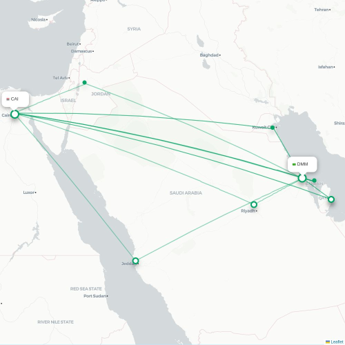 Mapa de vuelo directo Dammam - El Cairo