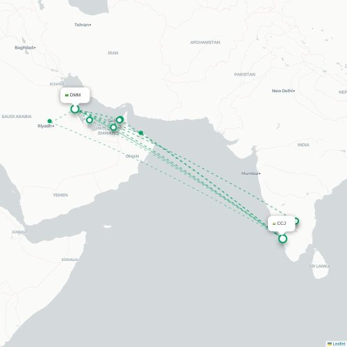 Mapa de vuelo directo Dammam - Kozhikode