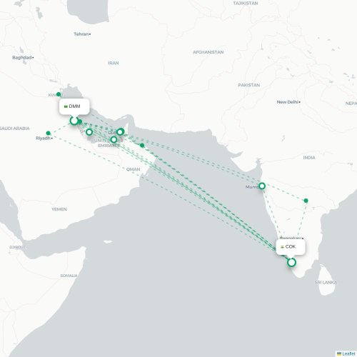 Mapa de vuelo directo Dammam - Cochín