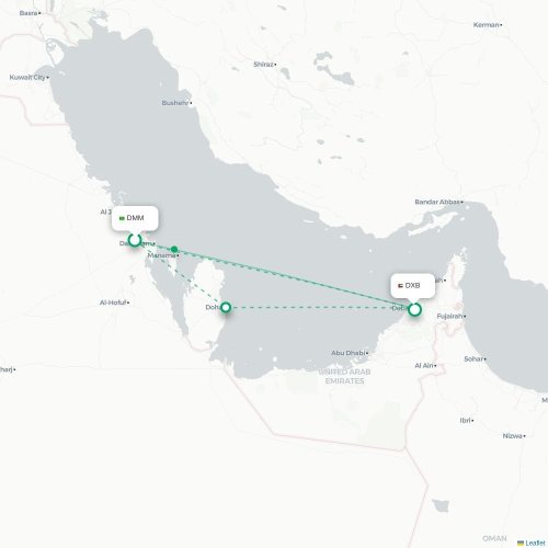 Mapa de vuelo directo Dammam - Dubái