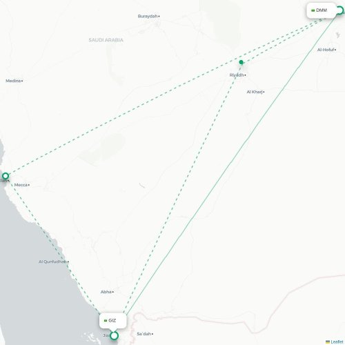 Mapa de vuelo directo Dammam - Jazan