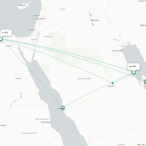 Mapa de vuelo directo Dammam - Alejandría