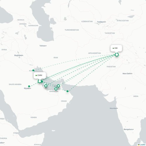 Mapa de vuelo directo Dammam - Islamabad