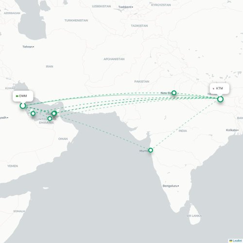 Mapa lotu bezpośredniego Ad-Dammam – Katmandu