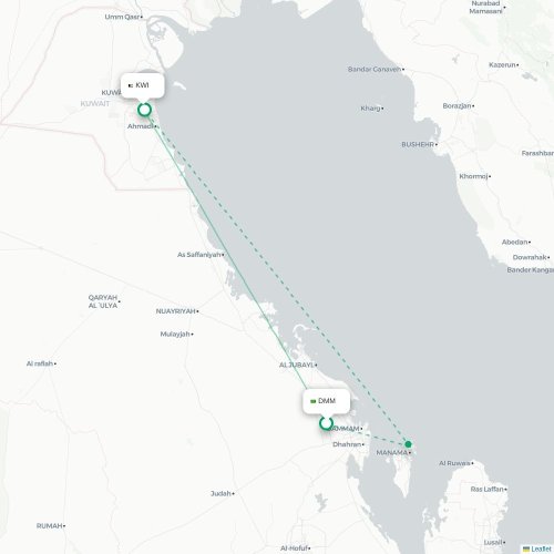 Mapa de vuelo directo Dammam - Ciudad de Kuwait