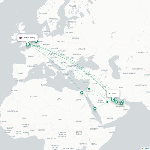 Mapa de vuelo directo Dammam - Londres