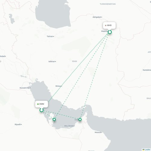 Mapa de vuelo directo Dammam - Mashhad