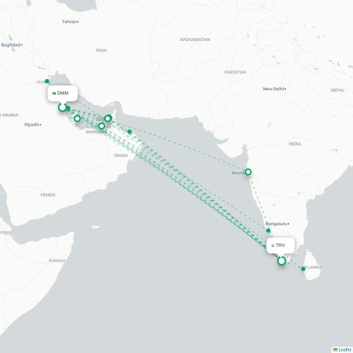 Mapa de vuelo directo Dammam - Thiruvananthapuram
