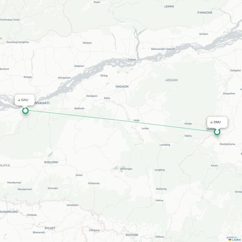 Mapa de vuelo directo Dimāpur - Guwahati