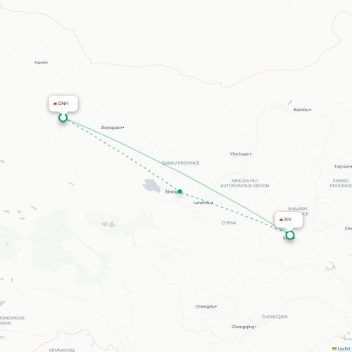 Mapa lotu bezpośredniego Jiuquan – Xi'an