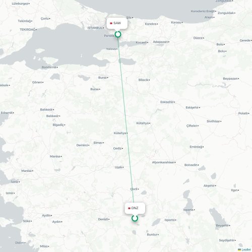 Mapa de vuelo directo Denizli - Estambul