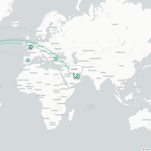 Mapa de vuelo directo Doha - Boston