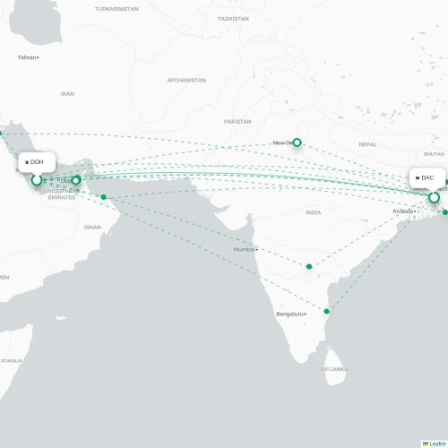 Doha – Dhaka suoran lennon kartta
