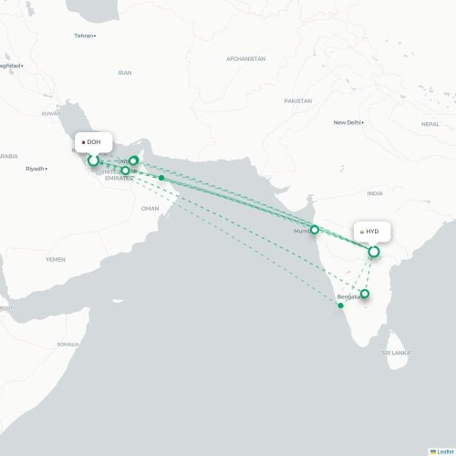Mapa lotu bezpośredniego Ad-Dauha – Hyderabad