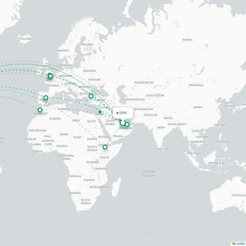 Mapa de vuelo directo Doha - Washington D. C.